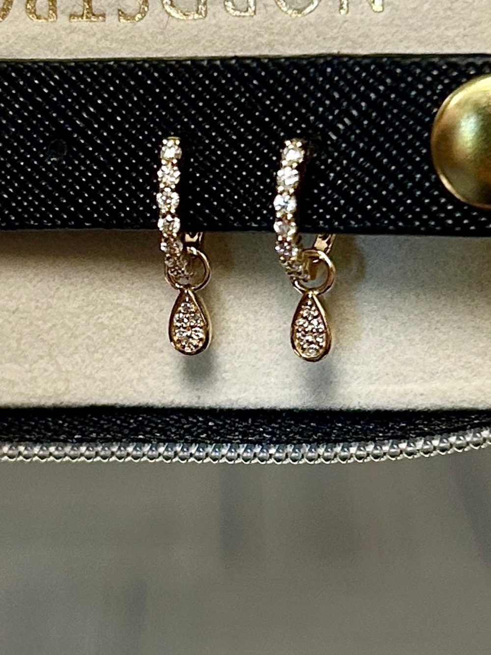 14K Gold Diamond Huggie Hoop Earrings with Teardrop Diamond charm